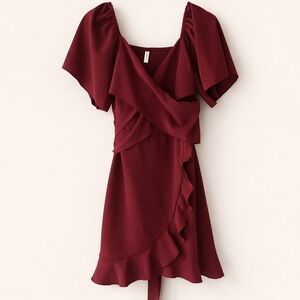 Dokotoo Wrap Mini Dress Size S Fit & Flare V Neck Ruffle Burgundy